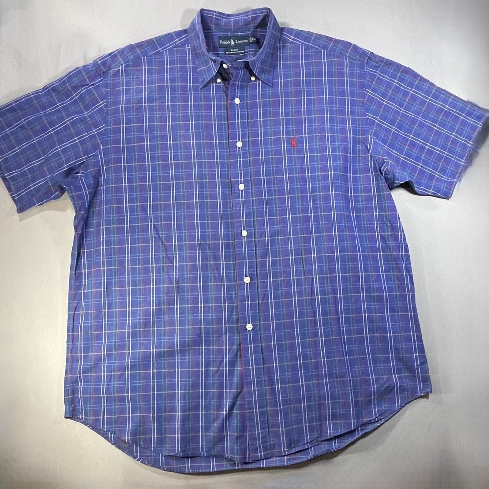 Ralph Lauren Blake Shirt Mens XL Blue Plaid Short Sleeve Cotton Button Down Pony